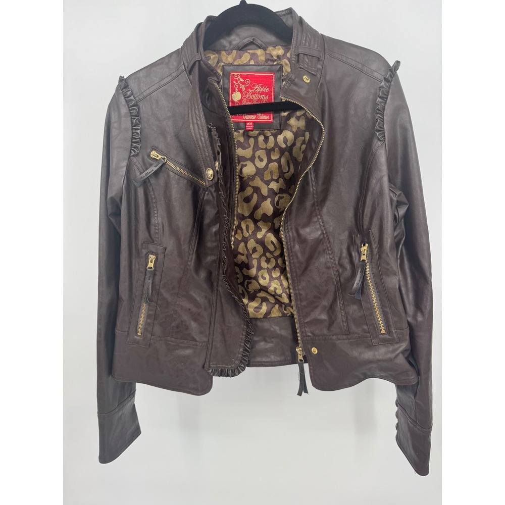 Apple Bottoms Womens Brown Faux Leather Ruffle Moto Jacket Leopard Lining L - Picture 4 of 13